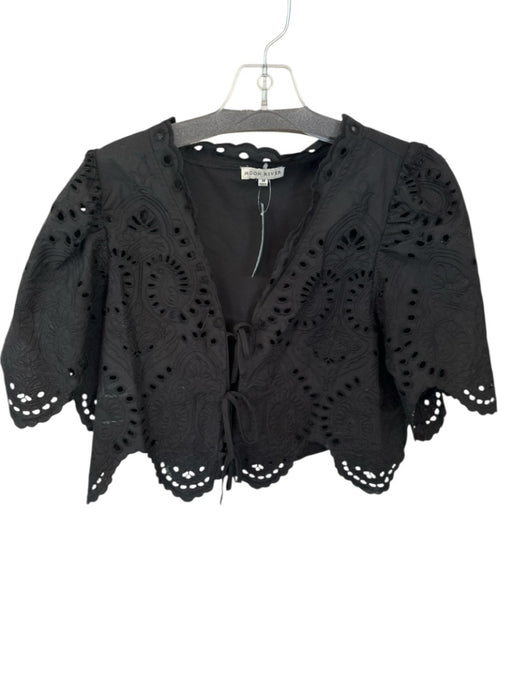 Moon River Size M Black Cotton Short Sleeve Eyelet Front Tie Scalloped Hem Top Black / M