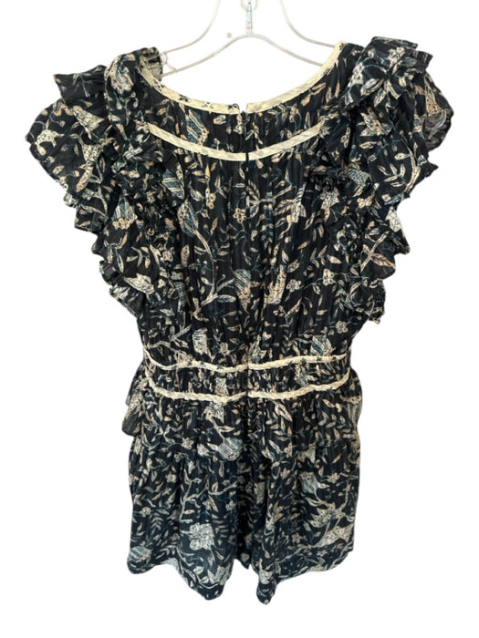 Ulla Johnson Size 6 Navy & Tan Cotton Flutter Sleeves Leaves Ruffles Romper Navy & Tan / 6