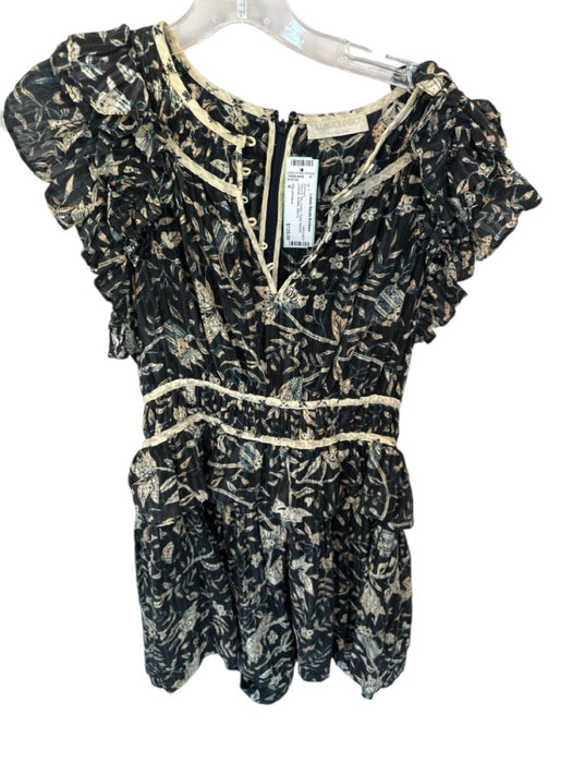 Ulla Johnson Size 6 Navy & Tan Cotton Flutter Sleeves Leaves Ruffles Romper Navy & Tan / 6