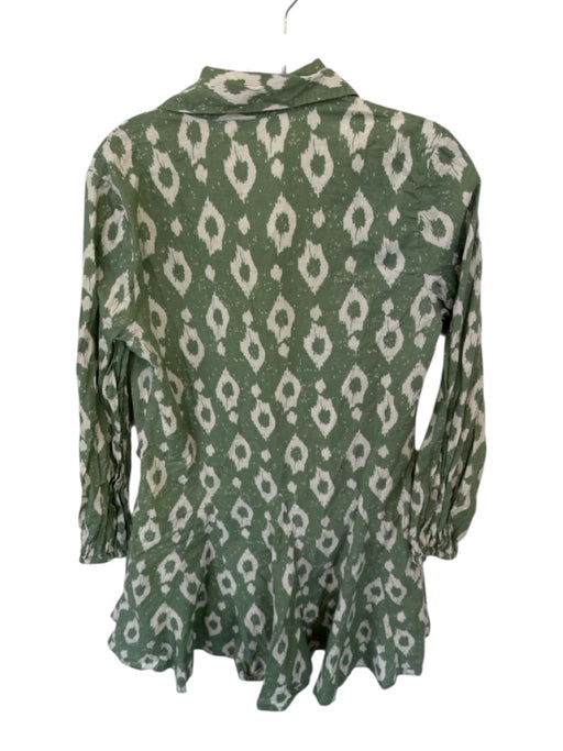 Stradivarius Size S Green & Cream Cotton Long Sleeve Ikat Button Down Dress Green & Cream / S