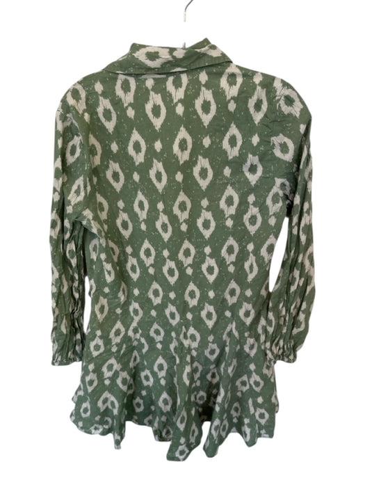 Stradivarius Size S Green & Cream Cotton Long Sleeve Ikat Button Down Dress Green & Cream / S