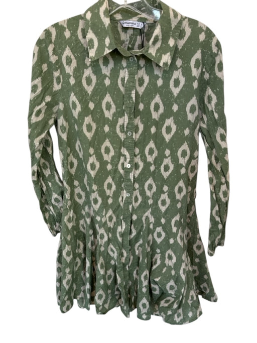Stradivarius Size S Green & Cream Cotton Long Sleeve Ikat Button Down Dress Green & Cream / S