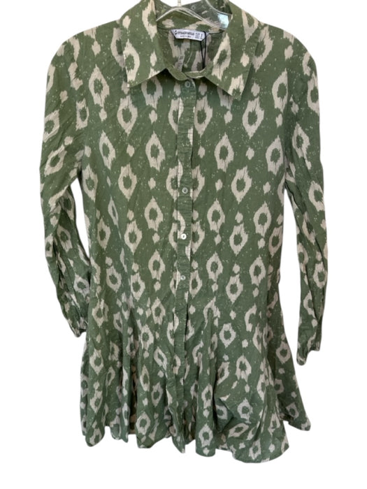 Stradivarius Size S Green & Cream Cotton Long Sleeve Ikat Button Down Dress Green & Cream / S