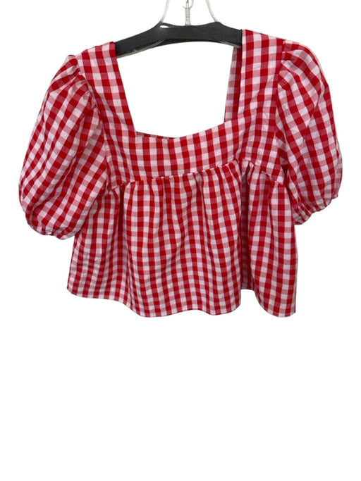 day + moon Size S Red & White Cotton Blend Short Balloon Sleeve Gingham Top Red & White / S