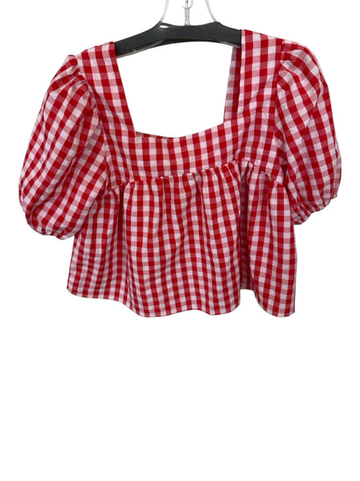 day + moon Size S Red & White Cotton Blend Short Balloon Sleeve Gingham Top Red & White / S