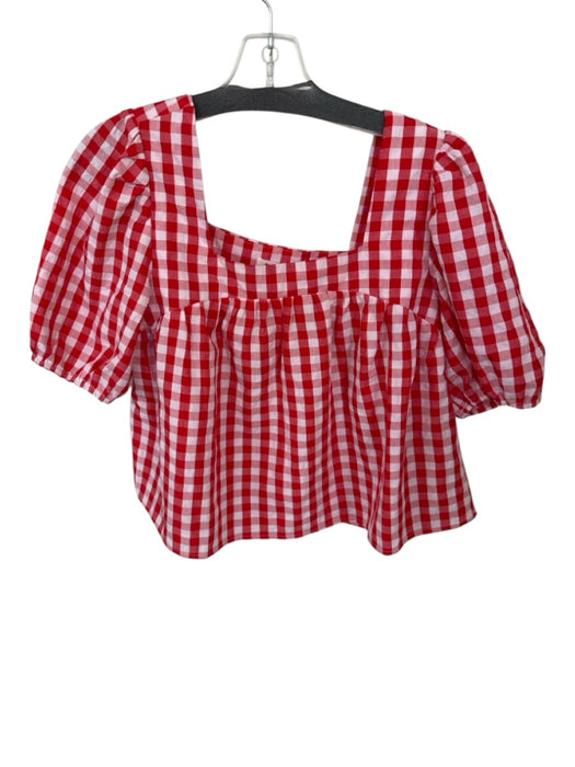 day + moon Size S Red & White Cotton Blend Short Balloon Sleeve Gingham Top Red & White / S