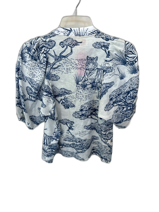Las Surenas Size XS White & Navy Linen & Cotton 3/4 Balloon Sleeve Trees Top White & Navy / XS