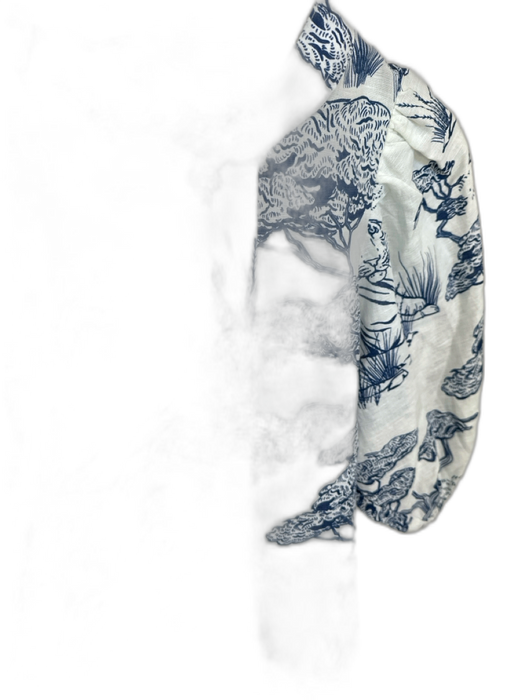 Las Surenas Size XS White & Navy Linen & Cotton 3/4 Balloon Sleeve Trees Top White & Navy / XS