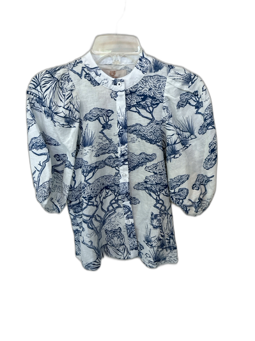 Las Surenas Size XS White & Navy Linen & Cotton 3/4 Balloon Sleeve Trees Top White & Navy / XS