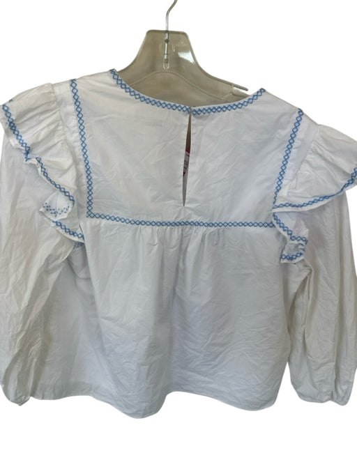 English Factory Size M White & Blue Cotton Long Balloon Sleeve Cross Stitch Top White & Blue / M