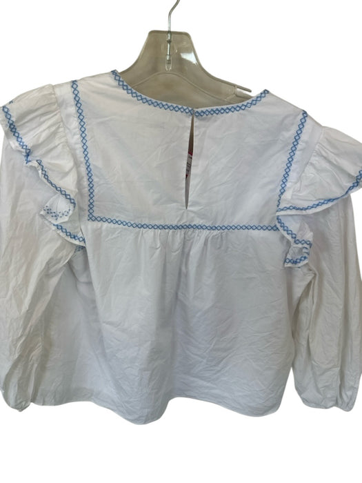 English Factory Size M White & Blue Cotton Long Balloon Sleeve Cross Stitch Top White & Blue / M