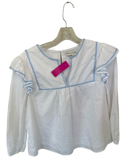 English Factory Size M White & Blue Cotton Long Balloon Sleeve Cross Stitch Top White & Blue / M