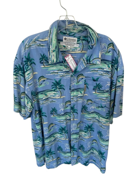Columbia Vintage Size M Blue & Green Rayon Blend Palm Tree Button Down Shirt Blue & Green / M