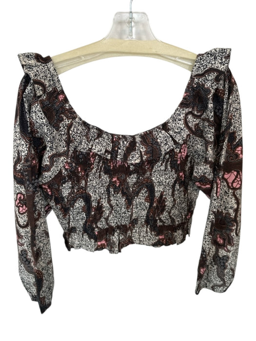 Cleobella Size L Black & Brown Cotton Long Balloon Sleeve smocked Ruffles Top Black & Brown / L