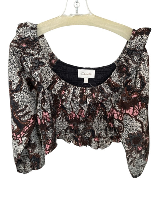 Cleobella Size L Black & Brown Cotton Long Balloon Sleeve smocked Ruffles Top Black & Brown / L