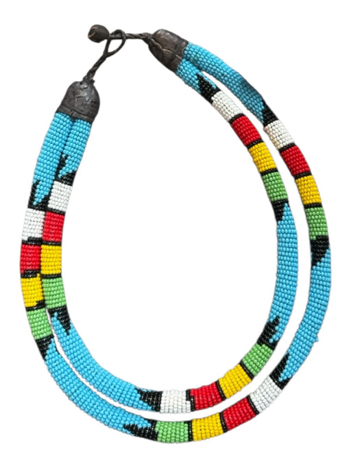 Blue & Multi Beaded 2 Strand Leather Accents Western Necklace Blue & Multi