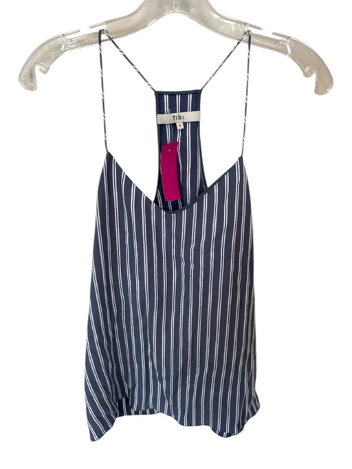 Tibi Size 8 Blue & White Viscose Blend Spaghetti Strap Striped Racerback Top Blue & White / 8