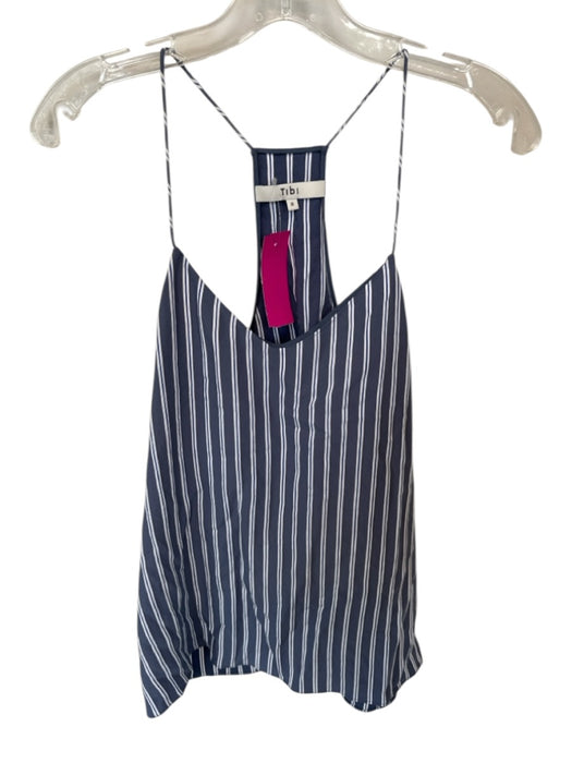 Tibi Size 8 Blue & White Viscose Blend Spaghetti Strap Striped Racerback Top Blue & White / 8
