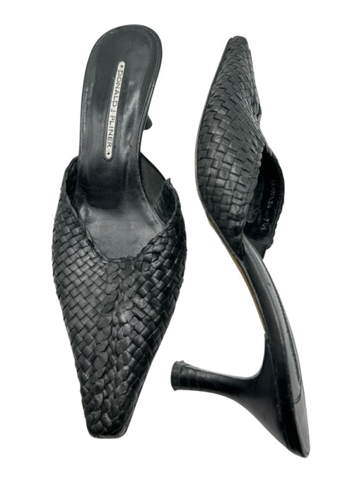 Donald J Pliner Shoe Size 7.5 Black Leather Kitten Heel Woven Pointed Toe Mules Black / 7.5