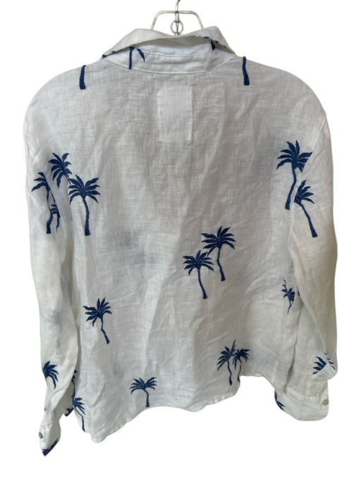 Calypso St. Barth Size L White & Blue Linen Long Sleeve Palm Tree Collar Top White & Blue / L