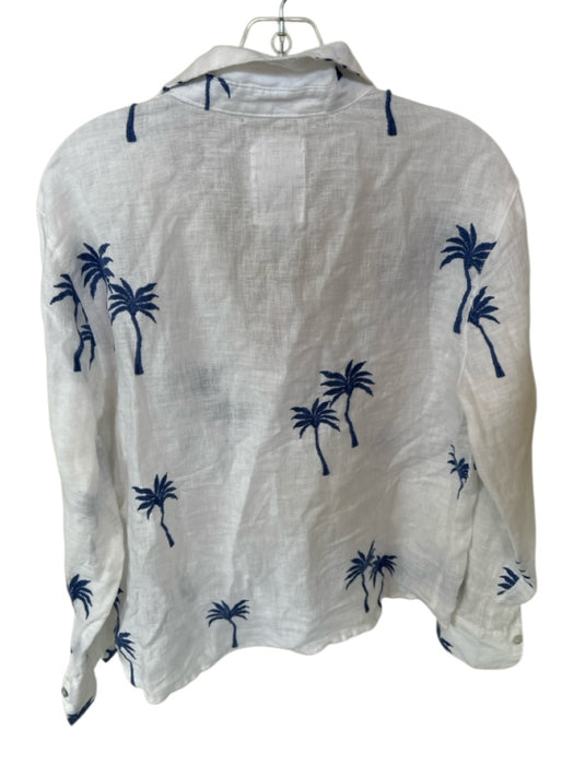 Calypso St. Barth Size L White & Blue Linen Long Sleeve Palm Tree Collar Top White & Blue / L