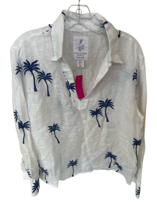 Calypso St. Barth Size L White & Blue Linen Long Sleeve Palm Tree Collar Top White & Blue / L
