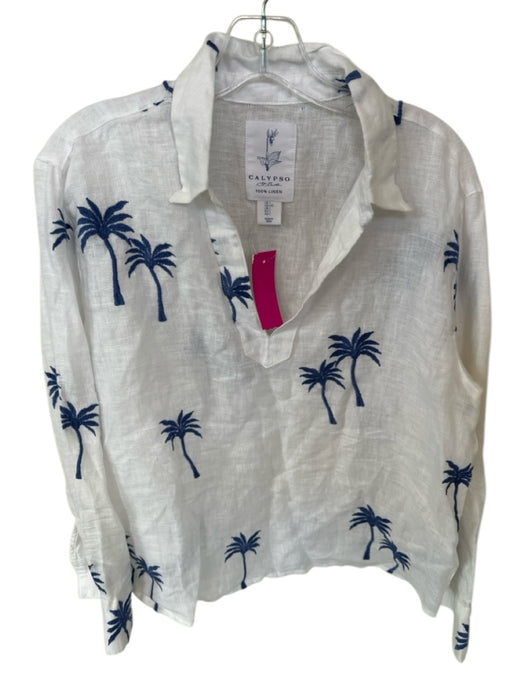 Calypso St. Barth Size L White & Blue Linen Long Sleeve Palm Tree Collar Top White & Blue / L