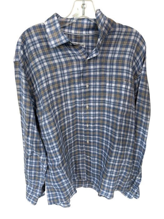 Peter Millar Size L Blue & Tan Linen Grid Button Down Men's Shirt Blue & Tan / L