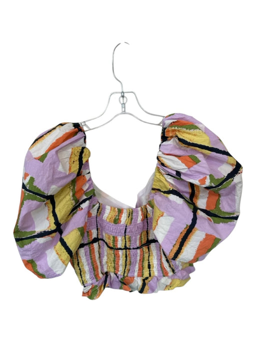 Cleobella Size M Purple & Yellow Cotton Short Balloon Sleeve Grid Cropped Top Purple & Yellow / M