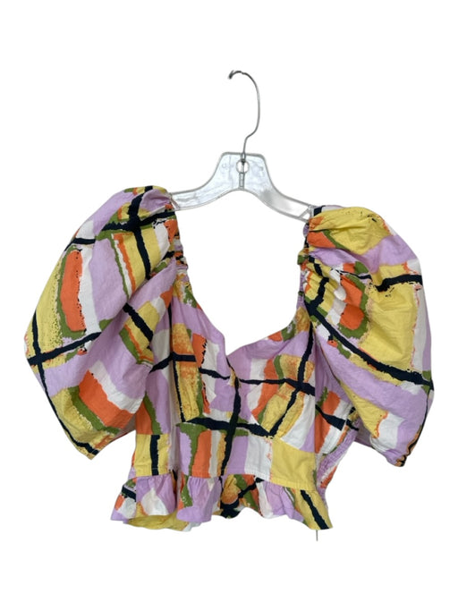 Cleobella Size M Purple & Yellow Cotton Short Balloon Sleeve Grid Cropped Top Purple & Yellow / M