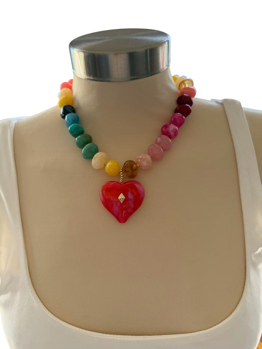 Multi Resin Chunky Beads Heart Pendant Gold Hardware Necklace Multi
