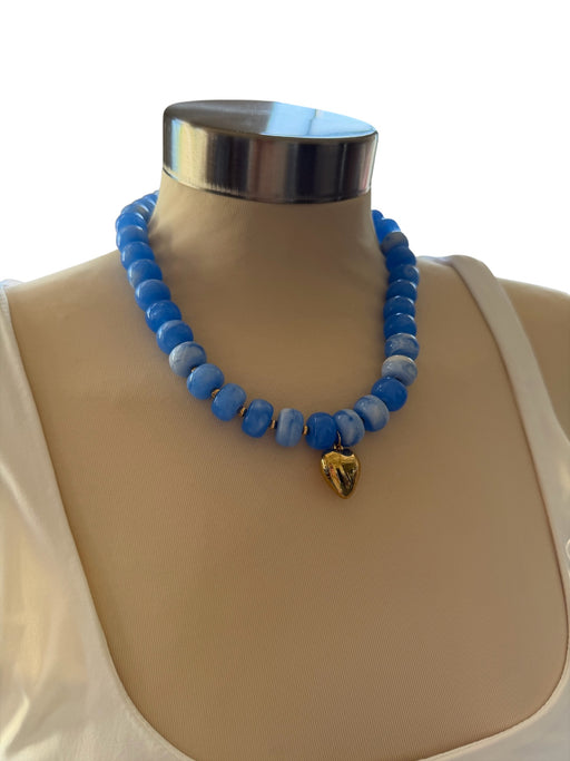 Blue & Gold Resin Beaded Heart Pendant Necklace Blue & Gold