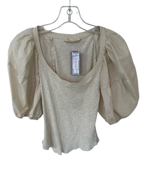 Ulla Johnson Size S Cream Cotton Short Balloon Sleeve Ribbed Scoop Neck Top Cream / S