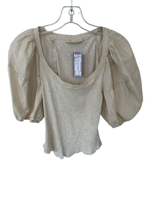Ulla Johnson Size S Cream Cotton Short Balloon Sleeve Ribbed Scoop Neck Top Cream / S