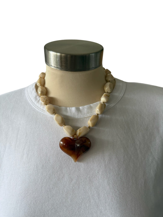 Cream & Brown Resin Chunky Beads Heart Pendant Statement Necklace Cream & Brown
