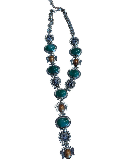 Silver & Green Metal Oval Long Western Necklace Silver & Green