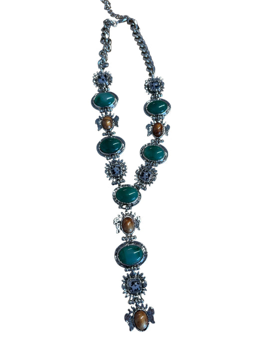 Silver & Green Metal Oval Long Western Necklace Silver & Green