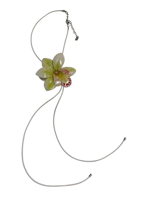 White & Lime Green Print Cord Flower Necklace White & Lime Green Print