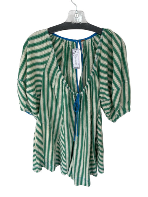 Free People Size S Green & Cream Cotton 3/4 Balloon Sleeve Striped Romper Green & Cream / S