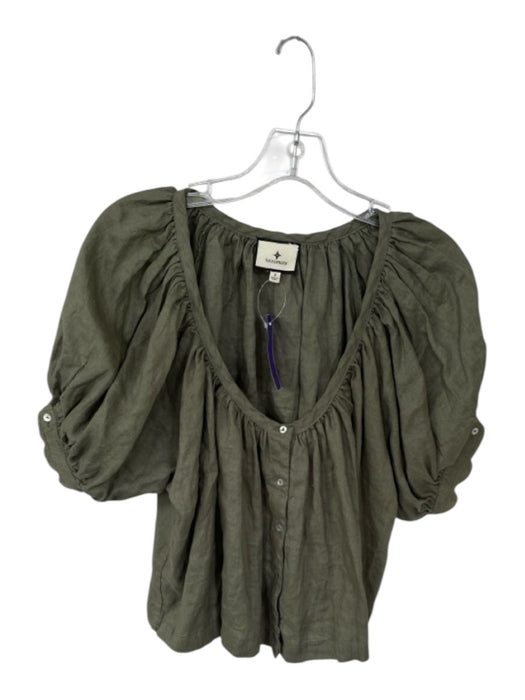 Tuckernuck Size S Olive Green Linen Short Balloon Sleeve Buttons Top Olive Green / S