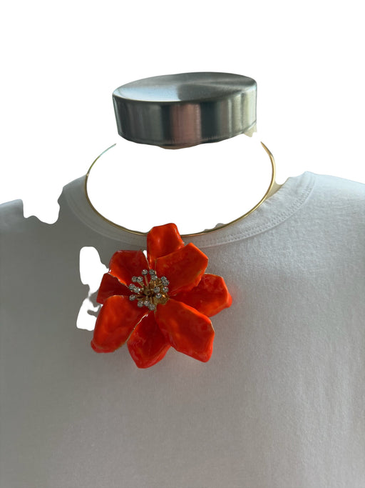 Gold & Orange Metal Rhinestone Flower Statement Necklace Gold & Orange