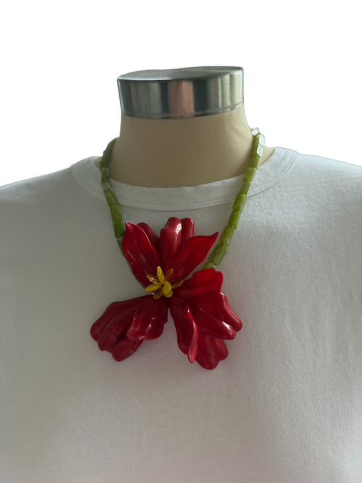 Green & Red Resin Beaded Flower Statement Necklace Green & Red