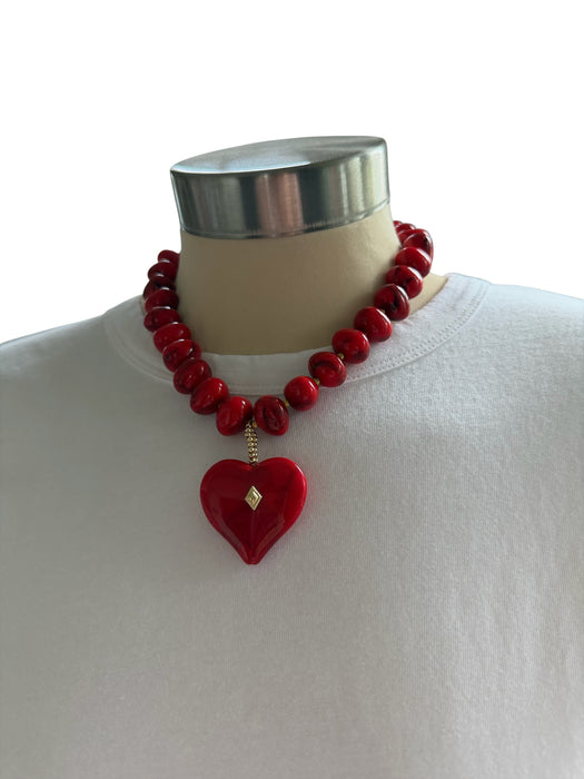 Red & Gold Resin Chunky Beads Heart Pendant Necklace Red & Gold