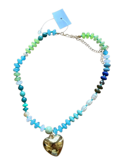 Green & Blue Beaded Heart Pendant Gold Hardware Necklace Green & Blue