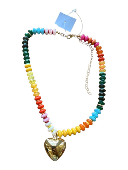 Gold & Multi Beaded Heart Pendant Gold Hardware Necklace Gold & Multi