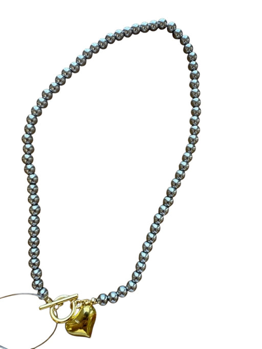 Gold & Silver Stainless steel Round Beads Heart Pendant Toggle Necklace Gold & Silver