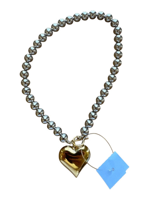 Silver & Gold Metal Round Beads Heart Pendant Toggle Necklace Silver & Gold
