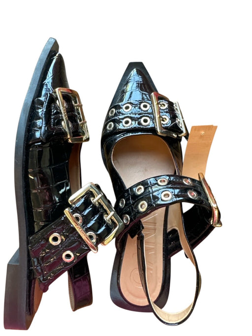 Ganni Shoe Size 39 Black & Gold Patent Leather Croc Embossed Buckles Flats Black & Gold / 39