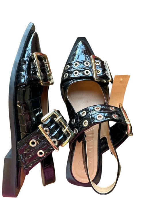 Ganni Shoe Size 39 Black & Gold Patent Leather Croc Embossed Buckles Flats Black & Gold / 39