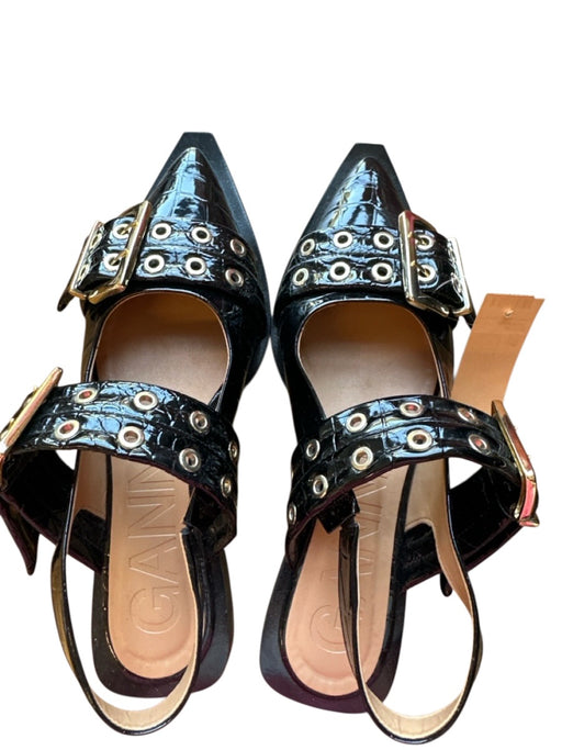 Ganni Shoe Size 39 Black & Gold Patent Leather Croc Embossed Buckles Flats Black & Gold / 39